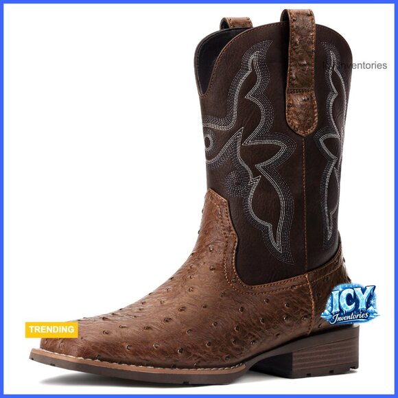 Men's Cowboy Boots with Square Toe and Embroidered Design